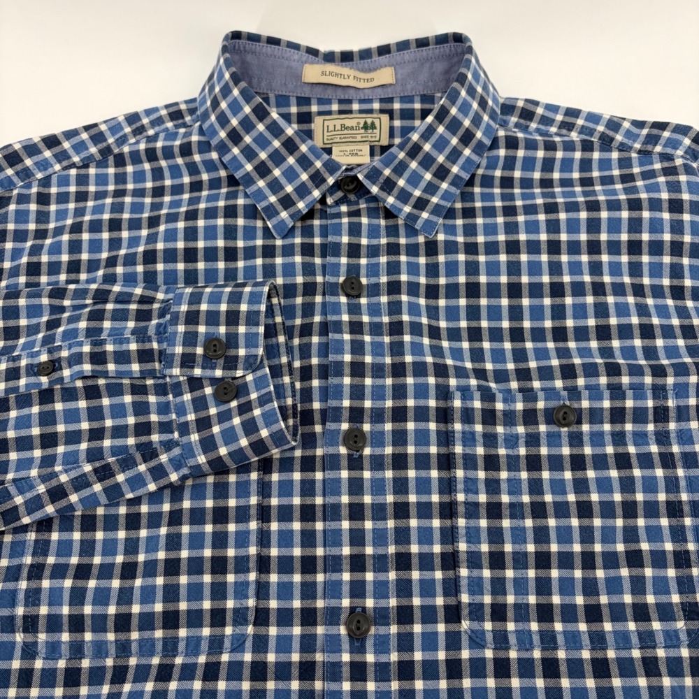 LL Bean Mens‎ Slightly Fitted Gingham Check Cotton Button Down Shirt Blue L